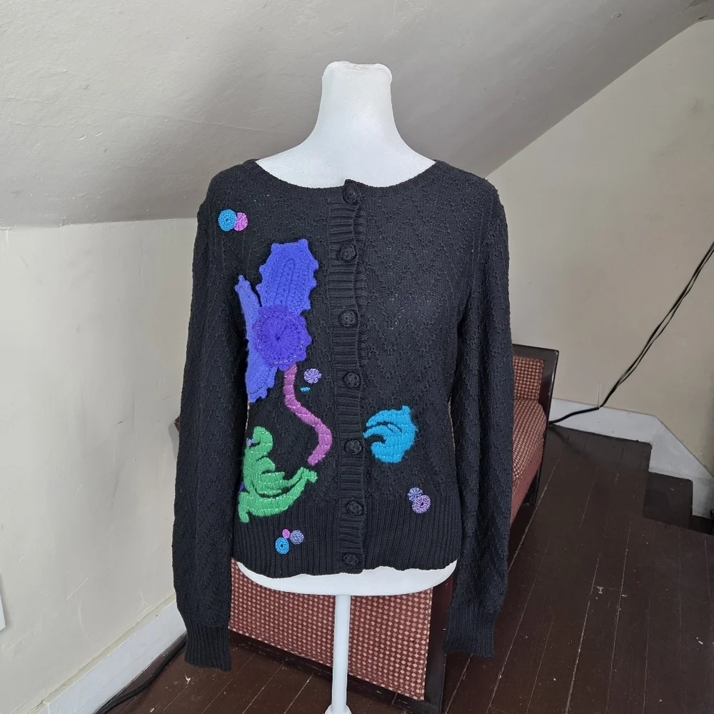 Vintage Michael Simon Embellished Knit‎ Cardigan Black Floral Applique Sweater L